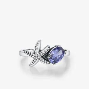 Anello Stella Marina in Argento Sterling 925 Vintage per Donna Tanzanite Sintetica Viola Intarsiata con Strass Anello in Argento Ossidato