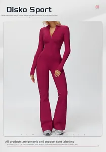 Fleece-lined thermal yoga jumpsuit with stand collar and rose red flared leg design