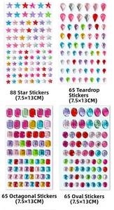 Detail showing four shapes of self-adhesive rhinestone stickers for DIY crafts and decor