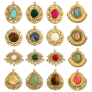 Bohemian Stainless Steel Natural Stone Pendants DIY Charms Retro Teardrop Evil Eye Geometric For Jewelry Making