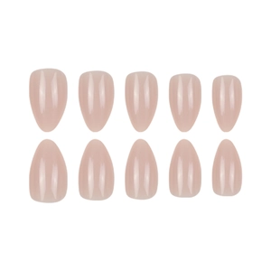 Short almond nude pink press-on nails with glossy finish and solid color design