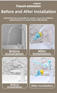 Blue elephant faucet extender set showing before and after installation for kids