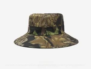 Detail view of the back of a wide-brim camouflage sun hat with metal air vents
