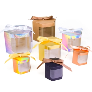 Hexagonal kraft gift boxes with transparent windows and ribbons in multiple colors