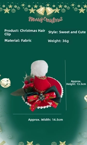 Christmas hair clip with red hat, white pom-poms and green bow, 13.5cm height