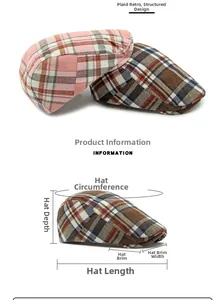 Detailed measurement guide for vintage plaid beret hat with size specifications and dimensions