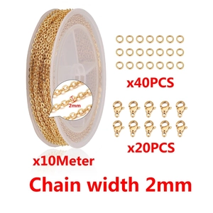 10m gold jewelry chain set with 2mm link chain, 40 jump rings and 20 lobster clasps