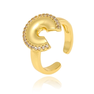 Fashionable golden letter C open ring with micro-pave cubic zirconia for women