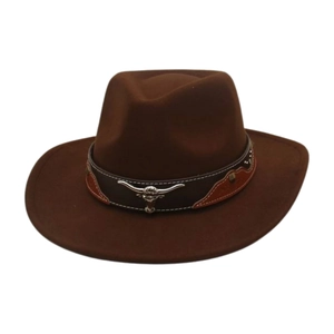Classic dark brown wool felt western cowboy hat with leather band and metal bull head