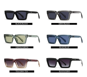 Matrix display of square sunglasses in six diverse frame and lens color combinations