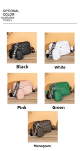 Detailed close-up of quilted crossbody bag set in multiple colors with woven strap