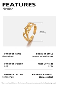 Detailed size chart showing golden hollow wave ring dimensions and product specifications