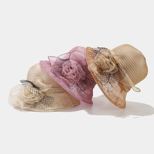 Women Elegant Organza Floral Bucket Hat Wide Brim Sun Protection Lace Mesh Summer Beach Church Wedding Party Dress