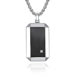 Collier Pendentif Plaque Rectangulaire En Acier Inoxydable Pour Homme Avec Panneau Brossé Noir Et Zirconium Incrusté Bijoux Hip Hop
