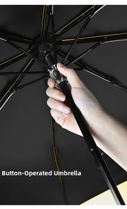 Close-up of the automatic one-button open and close mechanism on a black umbrella handle