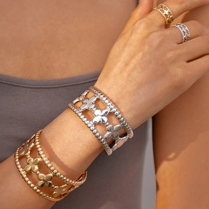 Hollow Flower Cuff Bracelet And Ring Metal Clover Design Milgrain Beaded Edge Open Adjustable Elegant Jewelry For Women