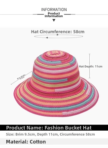 Size chart for colorful striped cotton sun hat with 9.5cm brim and 58cm circumference