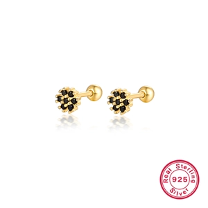 925 sterling silver flower stud earrings with black zircon stones and screw back