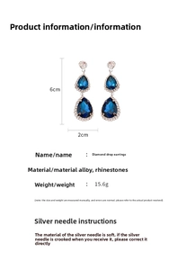 Detail showing dimensions of blue teardrop earrings with silver needle and rhinestones