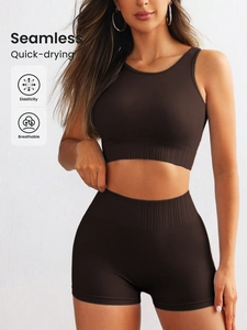Macro detail of seamless ribbed fabric texture on breathable brown sports set