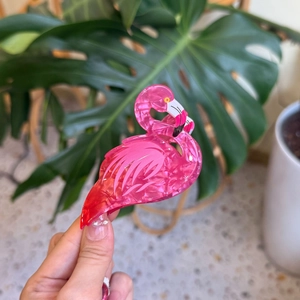 Summer pink flamingo hair claw clip in acrylic with stylish marble texture