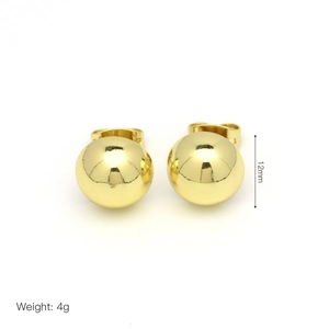 Detailed view of 12mm gold round ball earrings with 4g weight specification on white background