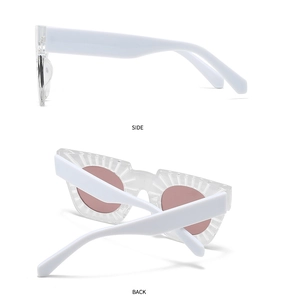 Detailed side and back view of square sunglasses with white temples and purple lenses