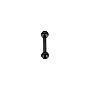 Detail view of a black stainless steel barbell stud earring with smooth spherical ends