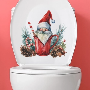 Detail of Santa Claus watercolor toilet sticker with red cup and pinecone motifs