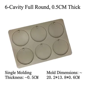 Detailed view of a 6-cavity round silicone mold with 5.9cm diameter cavity measurements