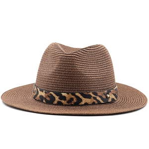 Classic straw sun hat with leopard print band and metal stud for beach sun protection