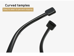 Macro detail of glossy black curved temples on square frame reading glasses for comfort