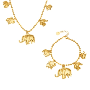 Parure de bijoux en acier inoxydable doré 18k avec perles et pendentifs éléphant