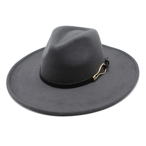 Detailed view of the dark grey wool fedora with elegant gold metal buckle and leather band