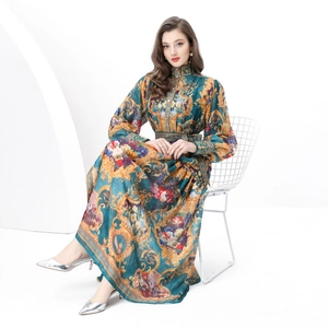 Vintage high collar long dress with lantern sleeves and baroque floral print