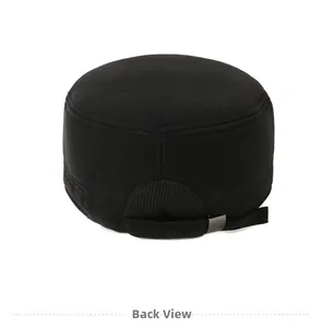 Rear view of black corduroy flat top military cap featuring adjustable metal buckle strap