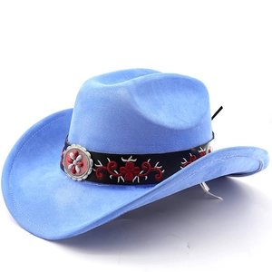 Close-up of sky blue faux suede cowboy hat with floral embroidered band and metal buckle