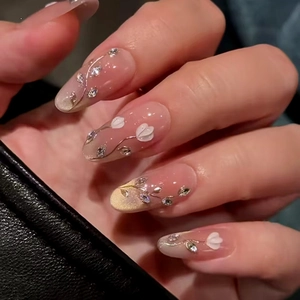 French Style Press On Nails Almond Shape Cat Eye Pink With 3D White Flower Rhinestone Gradient Elegant Manicure For Women