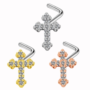 Detailed view of L-shaped cross nose studs in silver, gold, and rose gold finishes