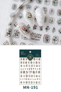 Macro detail of 5D floral nail art stickers with embossed rose and daisy patterns MN-191