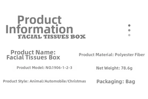 Polyester fiber tissue box toy specifications showing 78.6g weight and multiple patterns