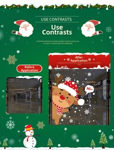 Detail of cartoon reindeer and snowflake static window stickers for Christmas decor