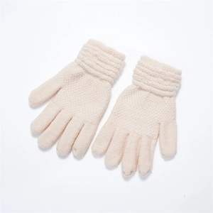 Close-up of beige knitted winter gloves for kids showing the soft wool-like texture