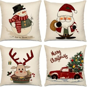 Set of 4 Christmas pillow covers with linen texture featuring snowman and Santa patterns