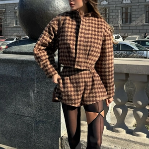 Women's vintage brown houndstooth wool set with cropped jacket and matching shorts