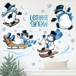 Winter Christmas wall stickers featuring blue snowmen skiing and snowflakes for home decor