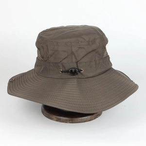 Detail of outdoor sun hat featuring breathable mesh side panels and adjustable chin strap
