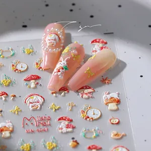 Macro view of 3D embossed nail stickers featuring rabbits and mushrooms for DIY art