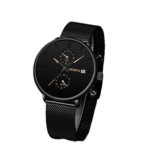 Men's Geneva black quartz watch with gold markers, mesh strap and date calendar