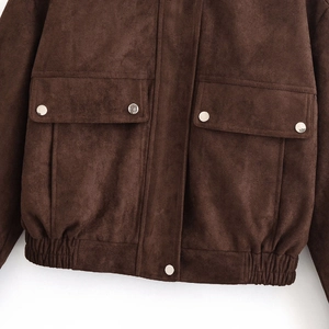 Dark brown faux suede jacket for women with lapel collar and metal snap buttons